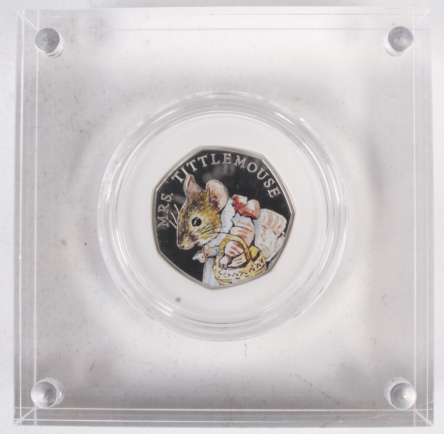 A Beatrix Potter silver proof 50p coin, depicting Mrs Tittle Mouse, in original box. - Bild 2 aus 2