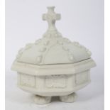 An ecclesiastical portable Parianware baptism font with cover. H21cm.