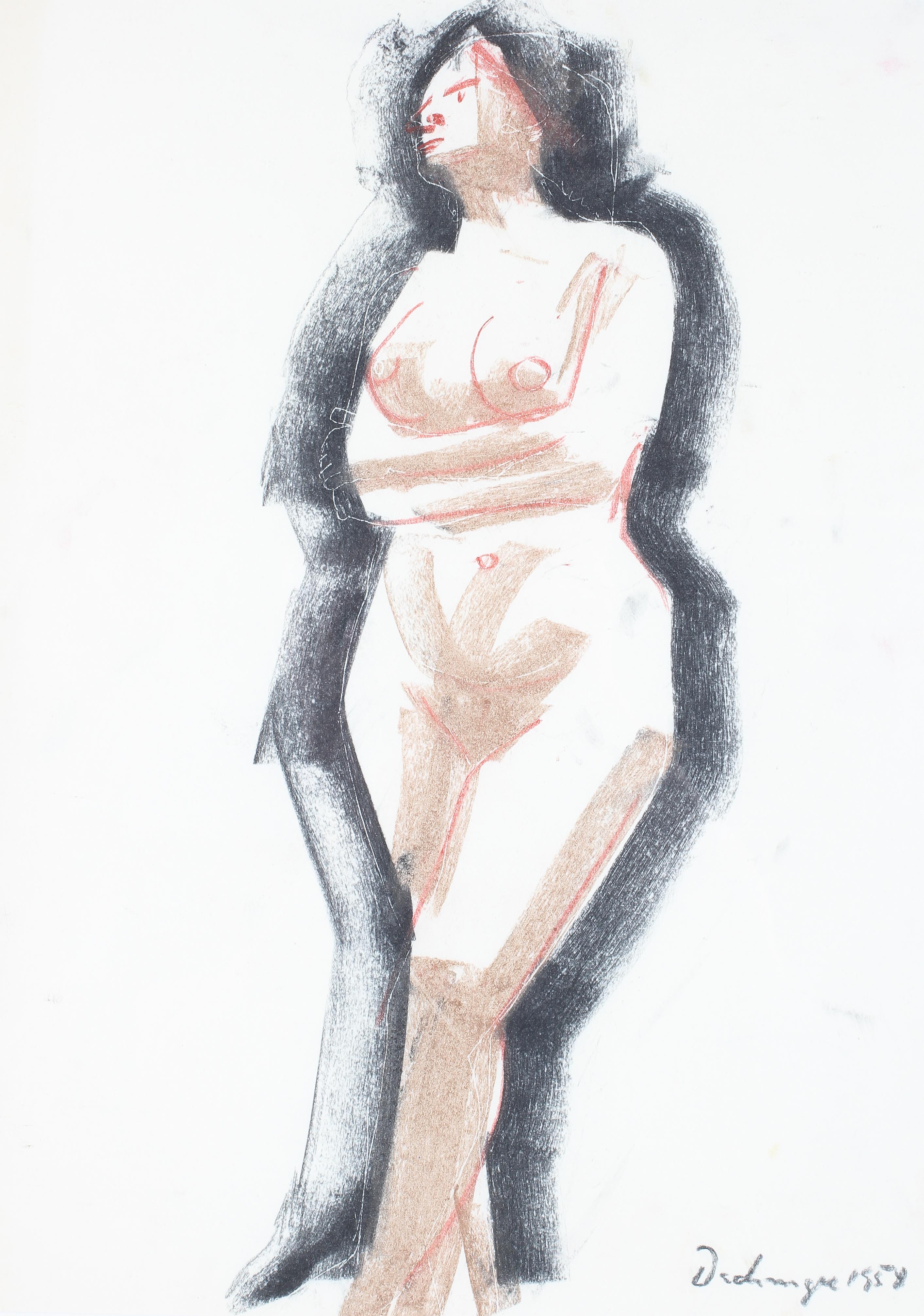 Hugo Dachinger (1908-1996), Standing Female Nude with Arms Folded, charcoal, chalks and wash. - Image 2 of 3