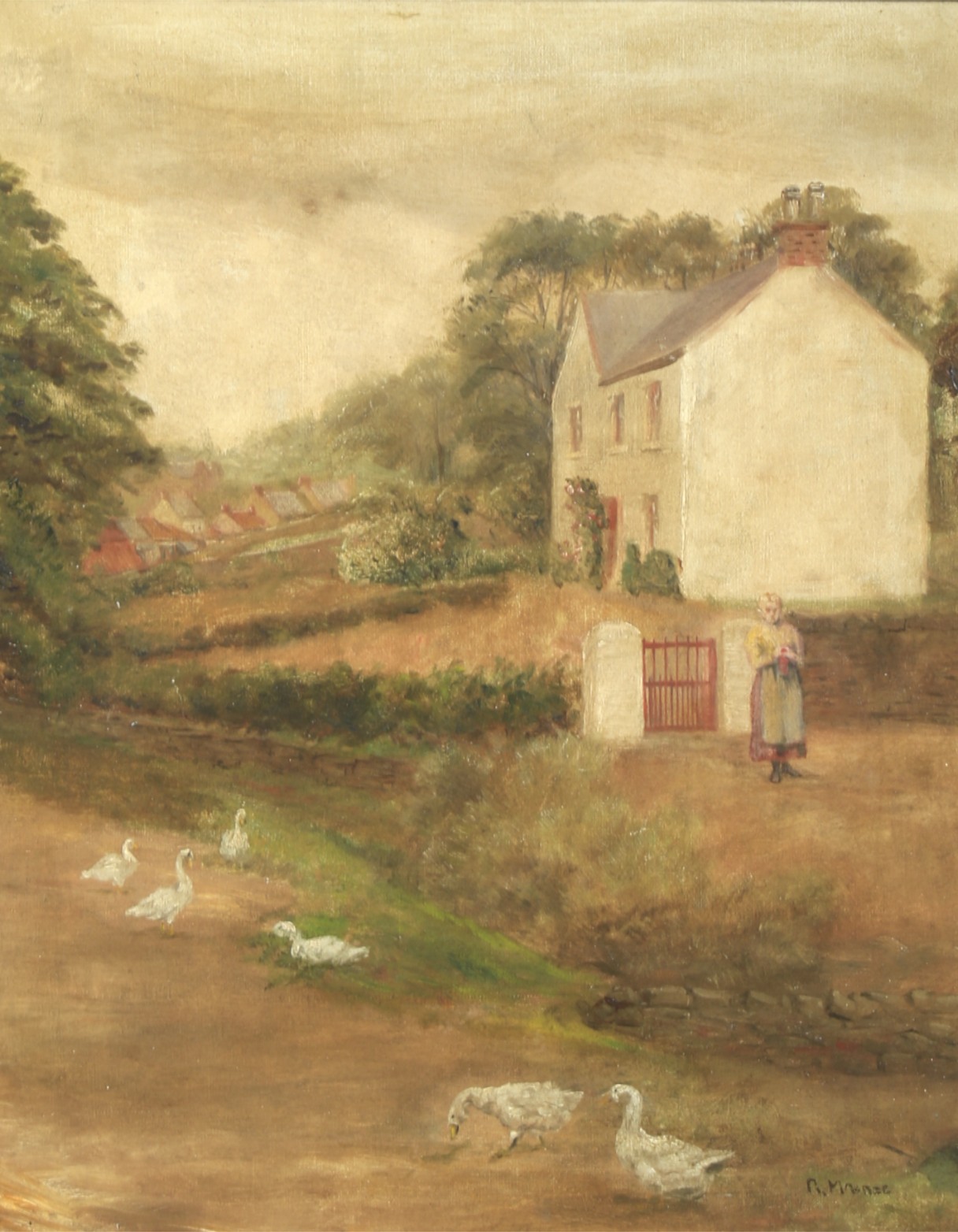 Late 19th Century School, Girl and Geese before a Farmhouse, oil on canvas. - Image 2 of 3