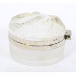 A Lalique white metal mounted frosted glass powder pot and hinged cover.