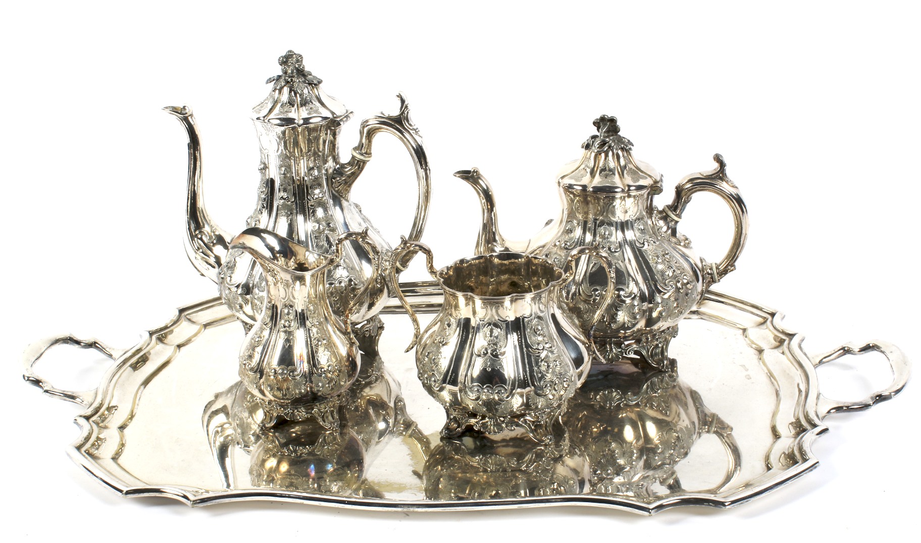 A Victorian silver-plated tea and coffee service and a tray.