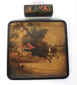 A late 19th century Russian lacquered small square-shaped tray and a 20th century box.