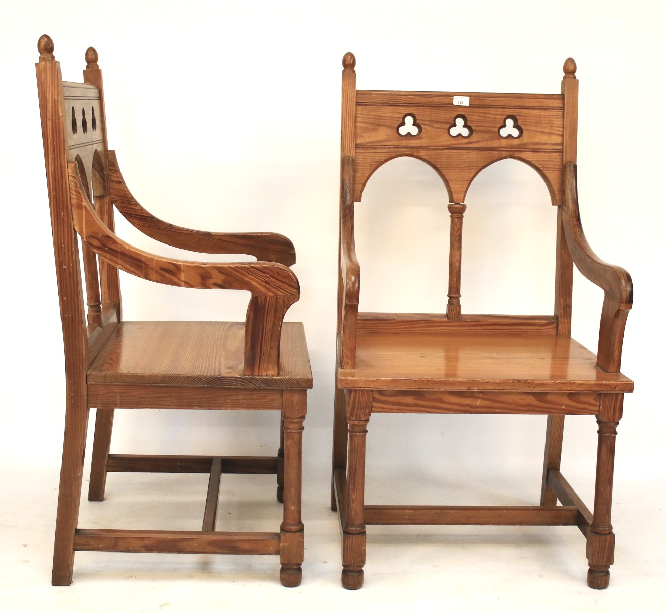 A pair of pitch pine ecclesiastical elbow altar chairs. - Image 2 of 2