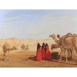 Oliver Trowell (20th Century), Figures and Camels in Desert Landscape, oil on board.
