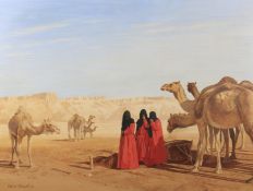 Oliver Trowell (20th Century), Figures and Camels in Desert Landscape, oil on board.