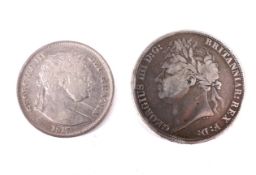 Two 19th century coins. An 1821 crown and an 1817 half crown. Faint scratches to the bust.