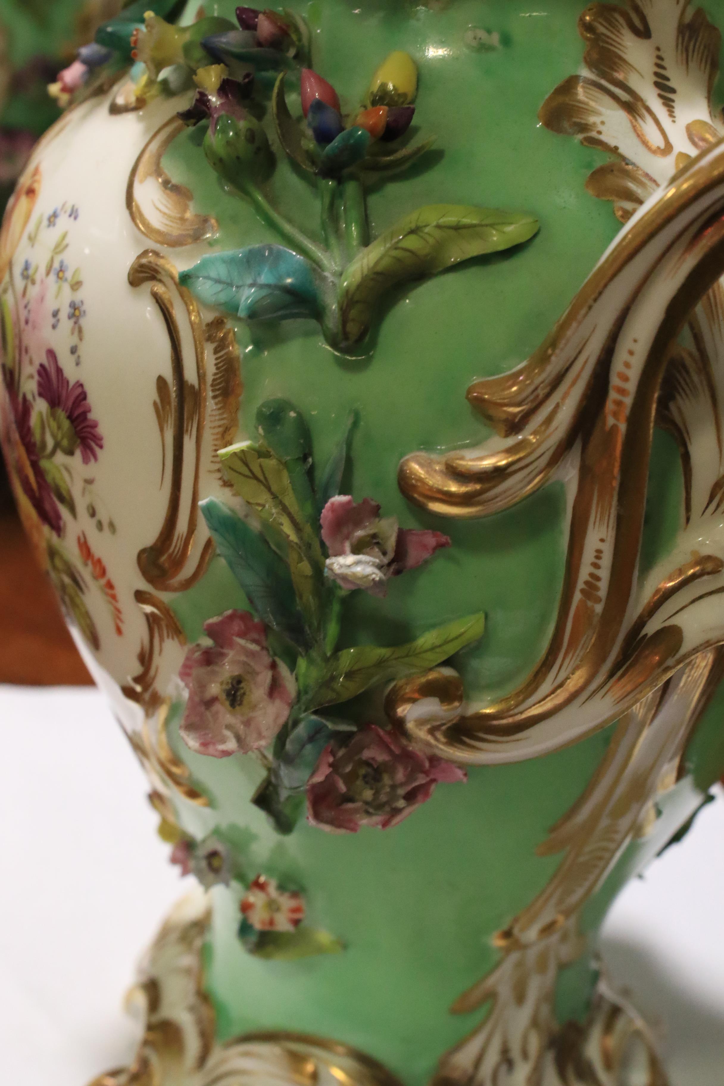A pair of 19th century Coalport green-ground baluster pot-pourri vases and domed covers. - Image 7 of 18