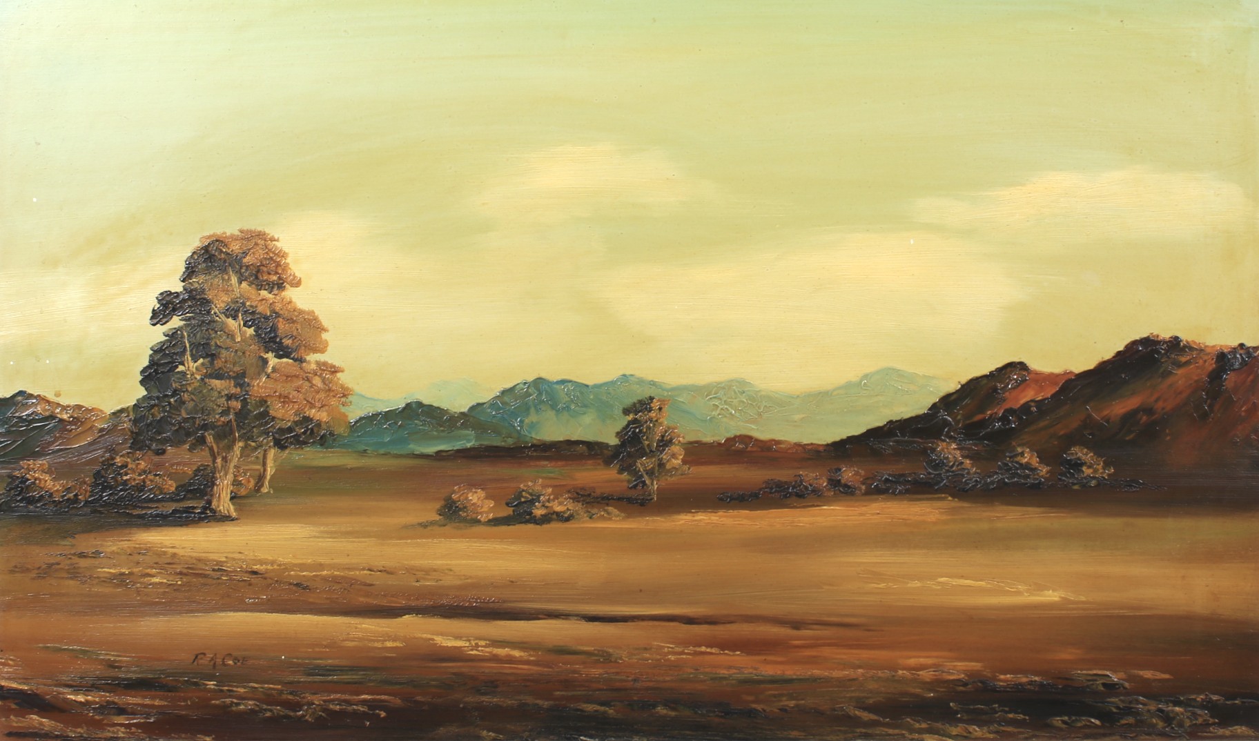 RA Coe (Western Australia, 20th Century), Rocky Tree Strewn Landscape, oil on board. - Image 2 of 3