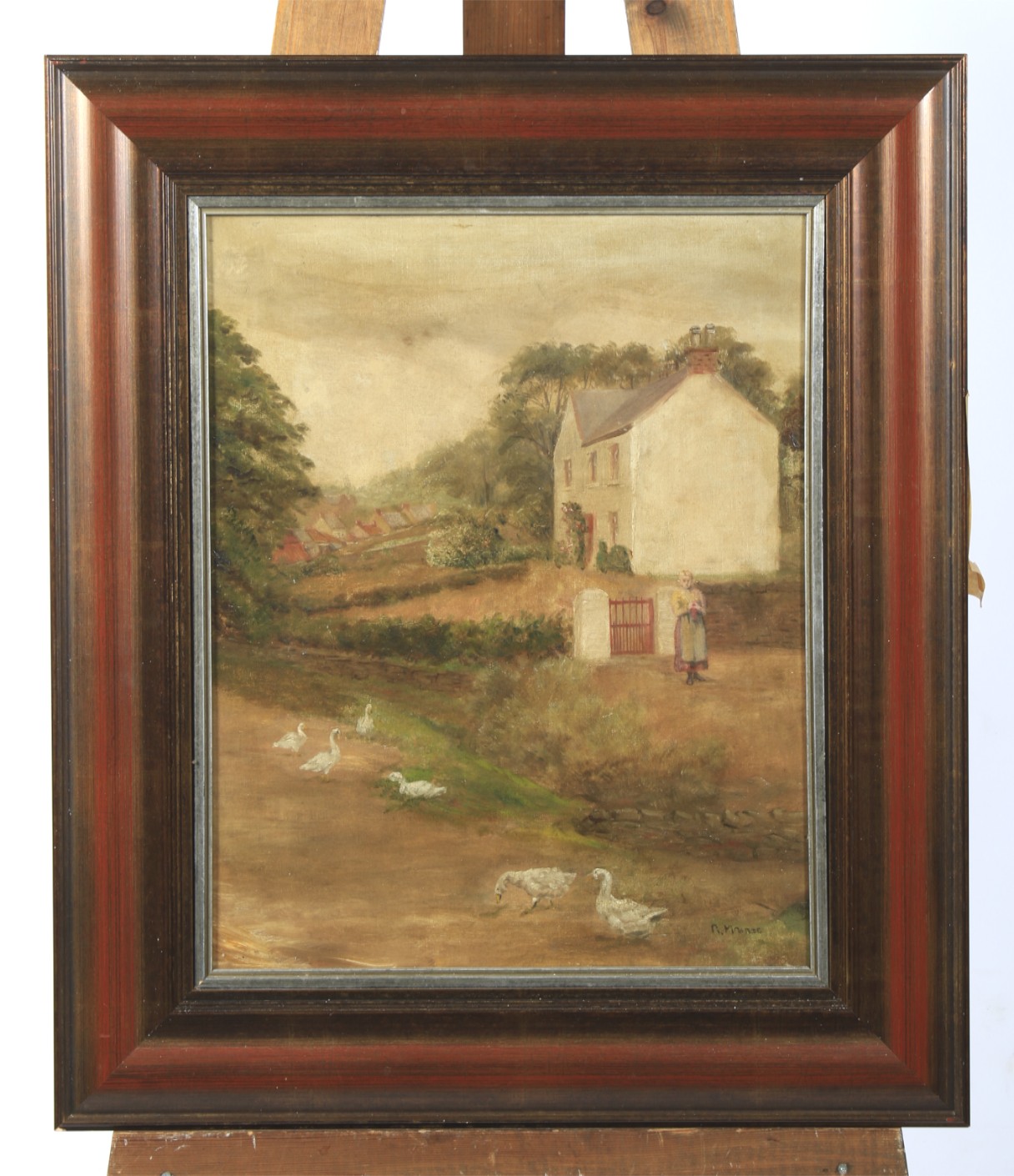 Late 19th Century School, Girl and Geese before a Farmhouse, oil on canvas.