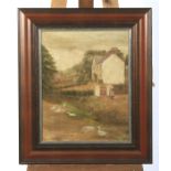 Late 19th Century School, Girl and Geese before a Farmhouse, oil on canvas.