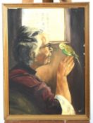 20th Century Australian School, lady with parakeet, oil on board.