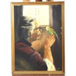 20th Century Australian School, lady with parakeet, oil on board.