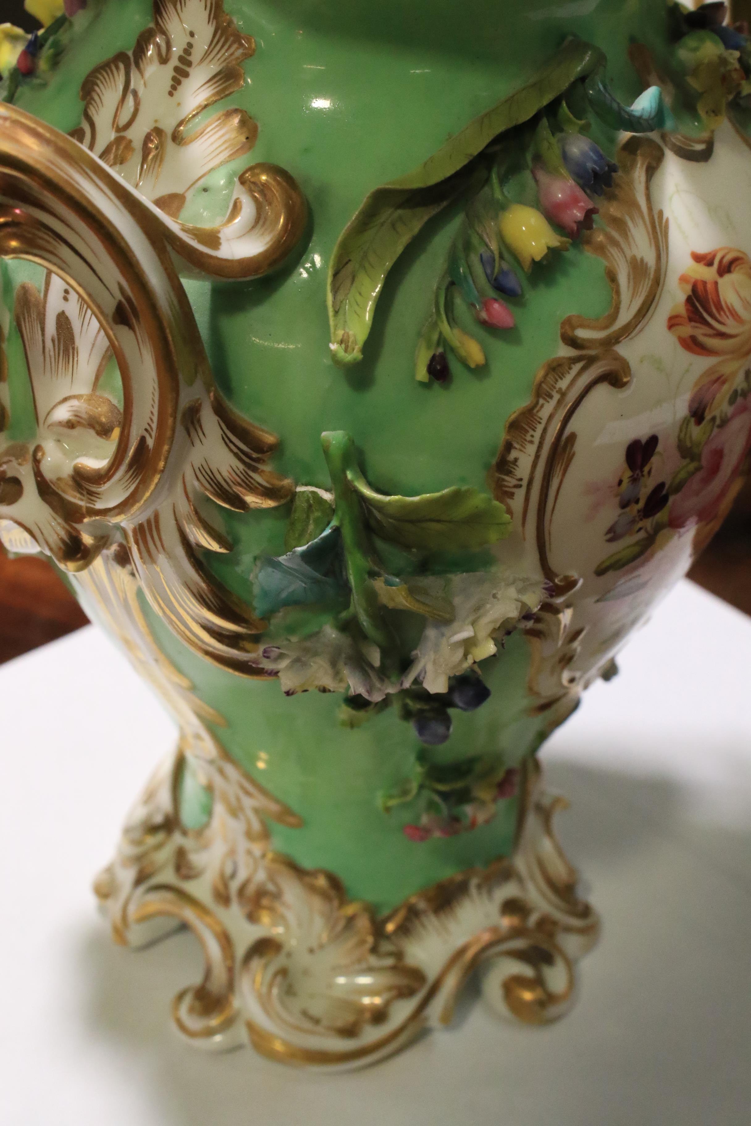 A pair of 19th century Coalport green-ground baluster pot-pourri vases and domed covers. - Image 9 of 18