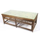 A fine bamboo coffee table with pictorial top under glass.