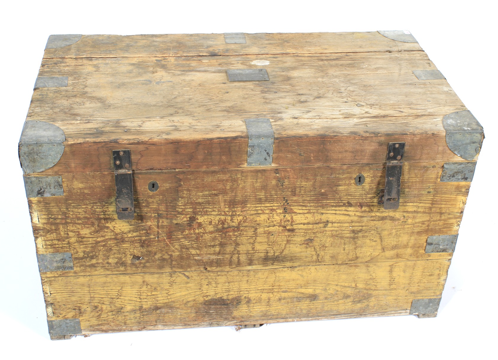 A 19th century / early 20th century metal bound pitch pine military trunk.