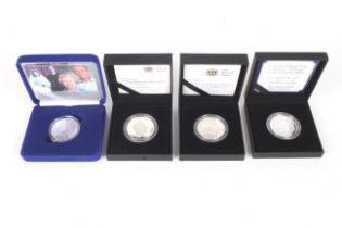 Four £5 silver proof coins for 2007, 2008, 2011 and 2016.