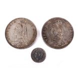 Three coins. Two double florins from 1887 and 1889 and a 1937 Maundy 3d.