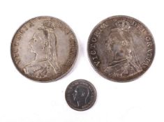 Three coins. Two double florins from 1887 and 1889 and a 1937 Maundy 3d.