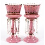 Two Victorian large opaque pink glass lustres.