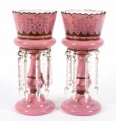 Two Victorian large opaque pink glass lustres.