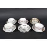 Six English porcelain teabowls and saucers. Circa 1790-early 19th century, various pattern numbers.