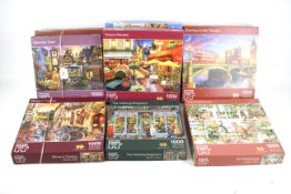 Eight assorted boxed Corner Piece jigsaw puzzles, various subjects.