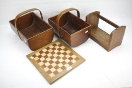 Two vintage trug baskets, a chess board and a book stand.