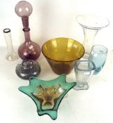 Eight pieces of assorted glassware. Including art glass and a soda glass decanter, etc.