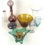 Eight pieces of assorted glassware. Including art glass and a soda glass decanter, etc.