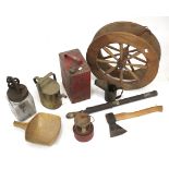 A box of mixed collectables. Including a petrol can water pump, and a pair of wooden wheels, etc.