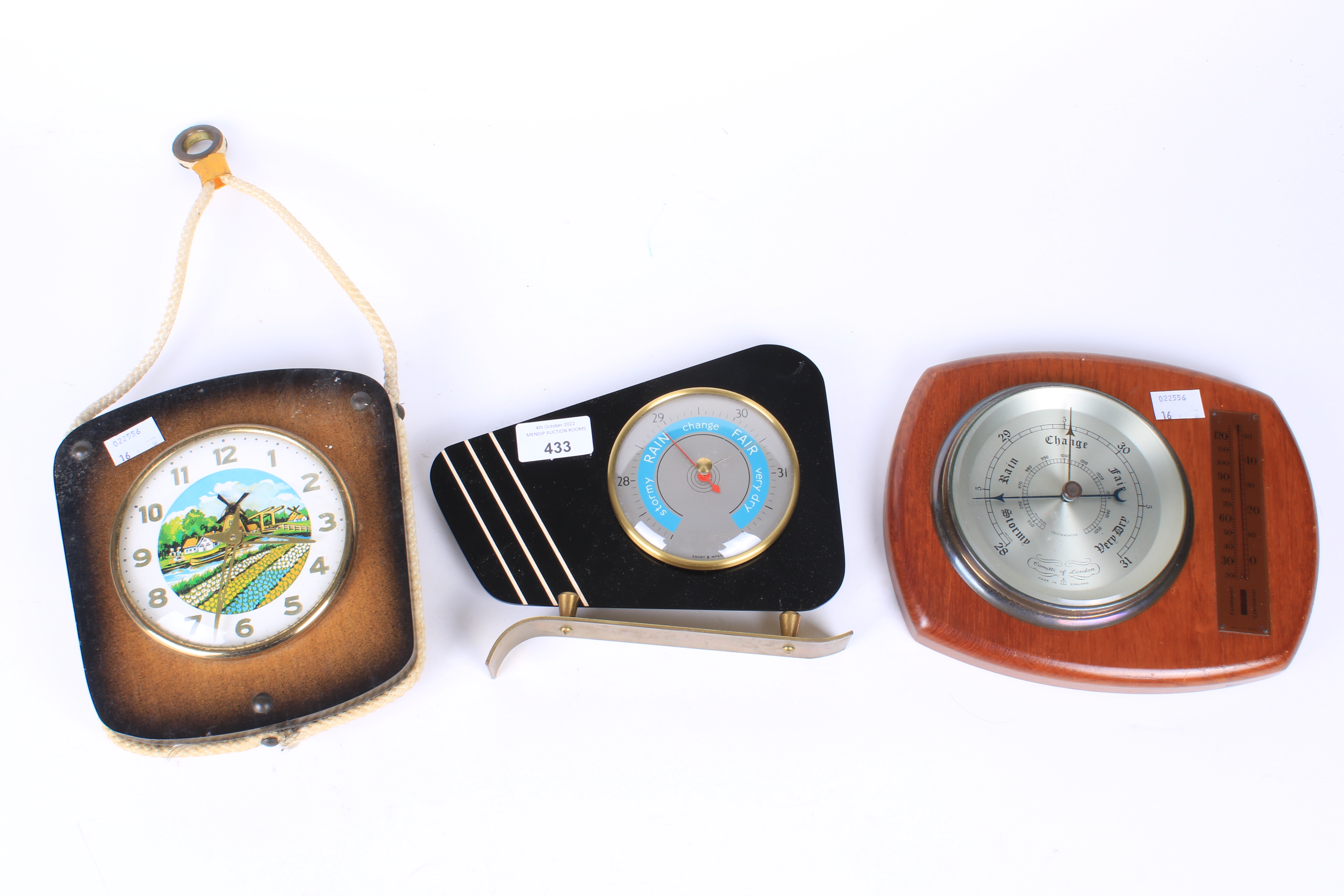 An Art Deco Short & Mason barometer, a vintage German clock and Comitti of London Barometer.