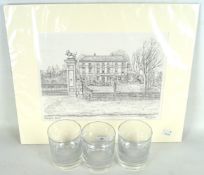 A limited signed print of Hazelgrove house Kings school Bruton and three etched glass whisky