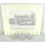 A limited signed print of Hazelgrove house Kings school Bruton and three etched glass whisky