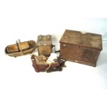 A 19th century pine trunk, two vintage trugs, butter maker and a flower sifter.