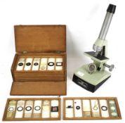 A Griffen Beck microscope and a cased set of sample slides. H27.5cm.