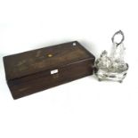 A 19th century mahogany writing slope and a Victorian silver plated six piece cruet stand.