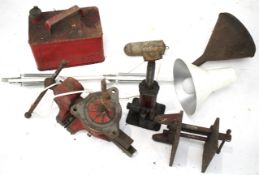 Assorted selection of metalware. Including a petrol can, funnel, etc.