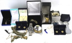 A basket of boxed jewellery and watches. Including silver and designer jewellery.