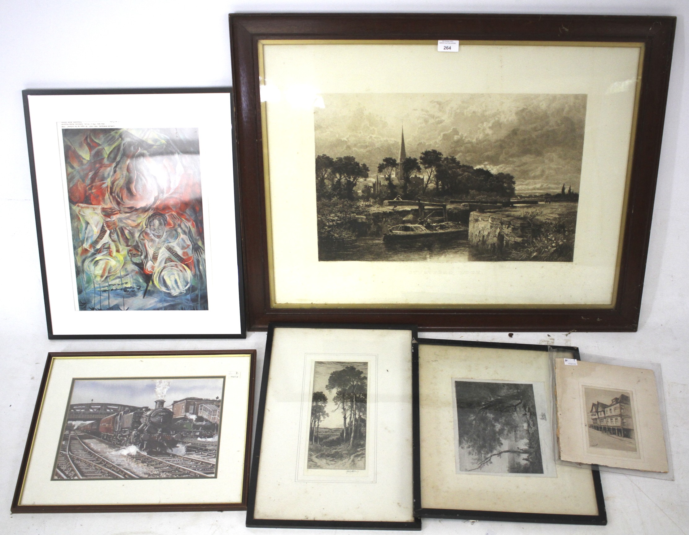 Six 19th and 20th century prints and etchings, primarily landscape scenes.