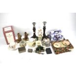 A box of mixed collectables. Including a child's tea set, oak candlesticks, commemorative ware, etc.