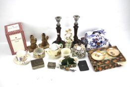 A box of mixed collectables. Including a child's tea set, oak candlesticks, commemorative ware, etc.