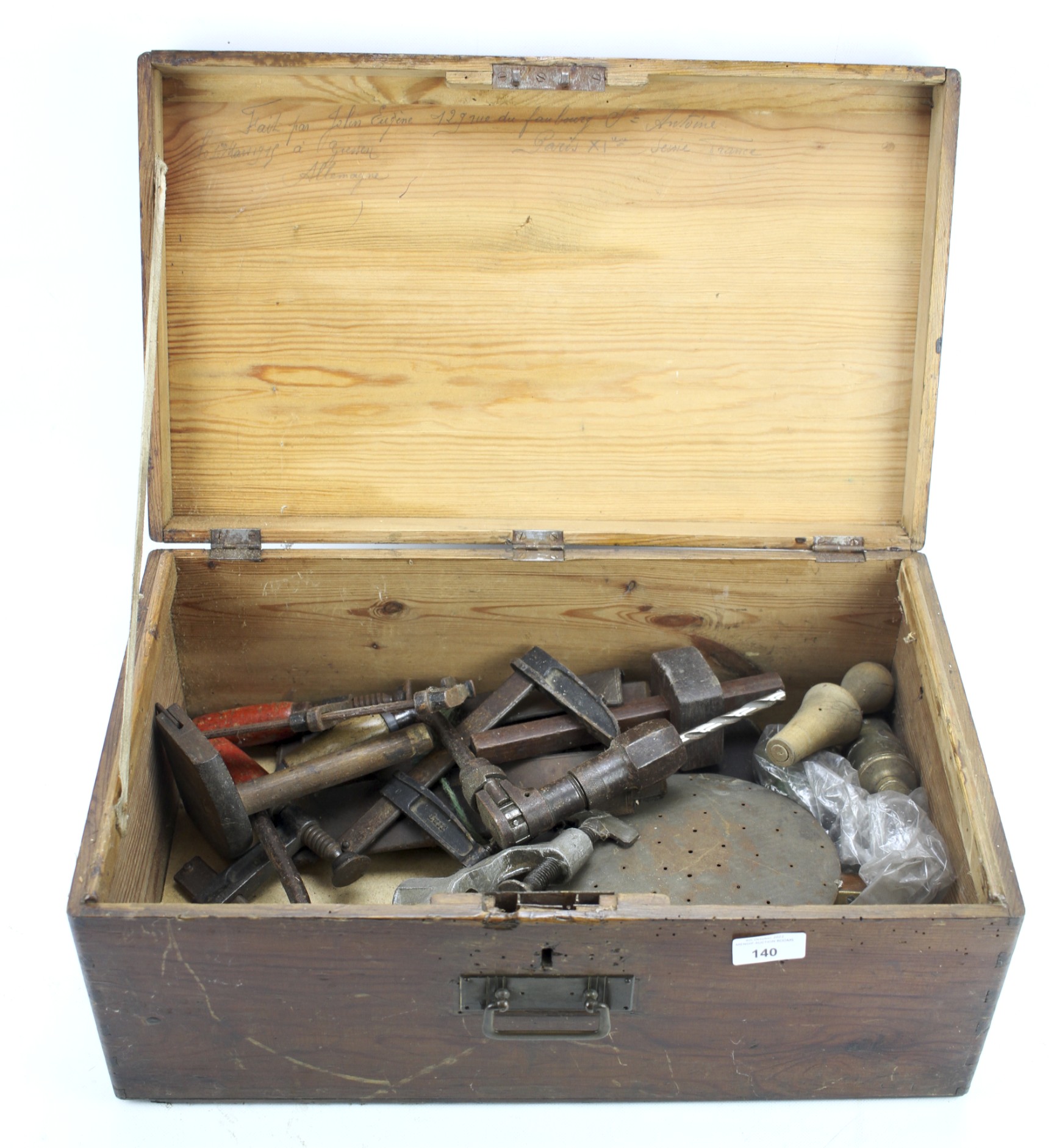 A 19th century pitch pine workman's trunk. Complete with an assortment of vintage braces and tools.