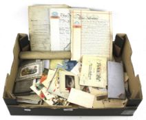 A large collection of Victorian scraps, cards, documents and various early postcards and stamps.