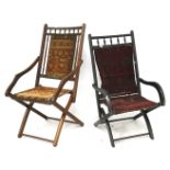 Two late 19th century folding steamer chairs. One stained black, both with woven seats and backs.