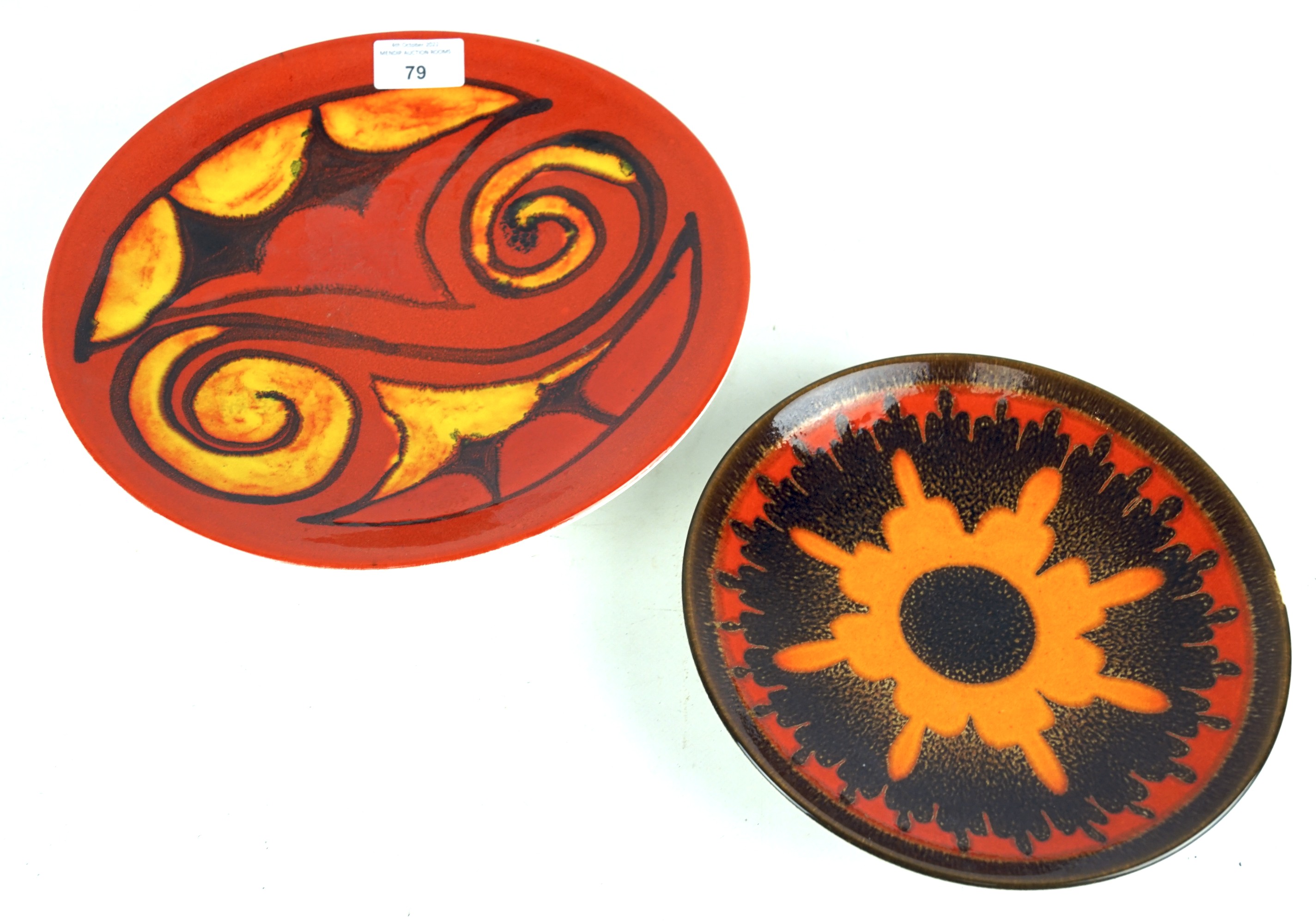 Two contemporary Poole Pottery plates. One being Aegean pattern, largest 26.