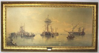 A print of a 19th century Dutch fishing fleet harbour scene.