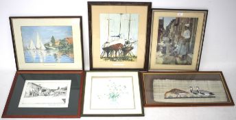 A group of pictures of boats, landscapes, flowers, ducks, etc. All framed and glazed, various sizes.