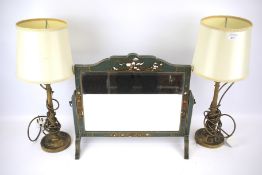 A pair of early 20th century Chinoiserie decorated table lamps and a similar dressing table mirror.