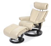 A beige upholstered Stressless reclining chair and footstool, both on circular base.